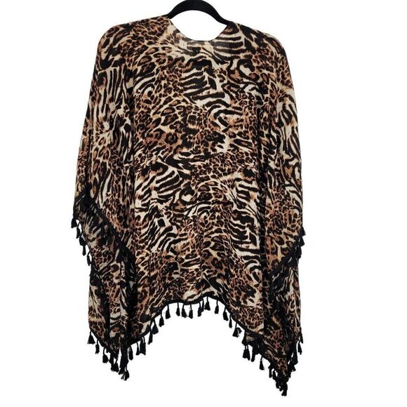 Bobbie Brooks Lightweight Kimono Cardigan One Size Brown Leopard Tassel Fringe - Picture 9 of 13